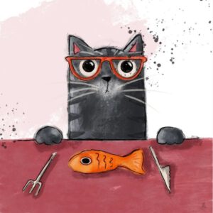 Kat met bril zit aan tefel met voor hem een vis en mes en vork